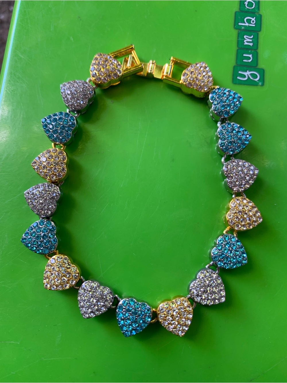 CustomDesignedCreations Tri-Color Crystal Heart Bracelet — Blue, Silver & Gold